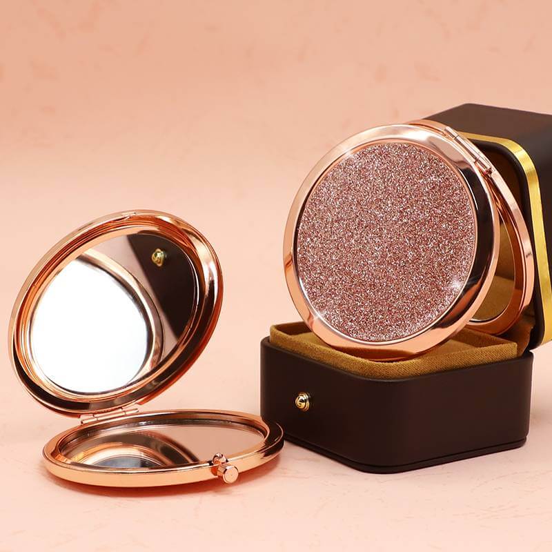 Promotional Gift Rose Gold Plating Round Shape Metal Glitter Folding Makeup Pock