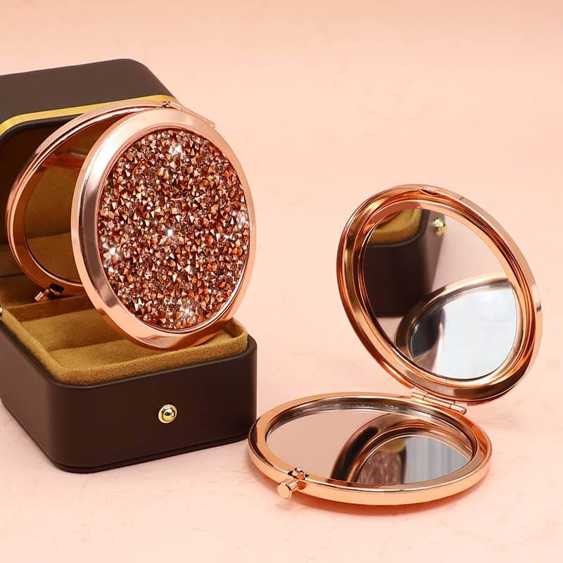 Promotional Gift Rose Gold Plating Round Shape Metal Glitter Folding Makeup Pock