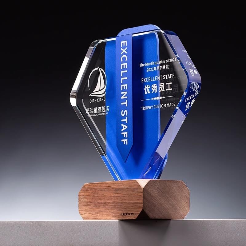 High Quality Crystal Trophy Award Custom Color Printing Crystal Wood Trophy