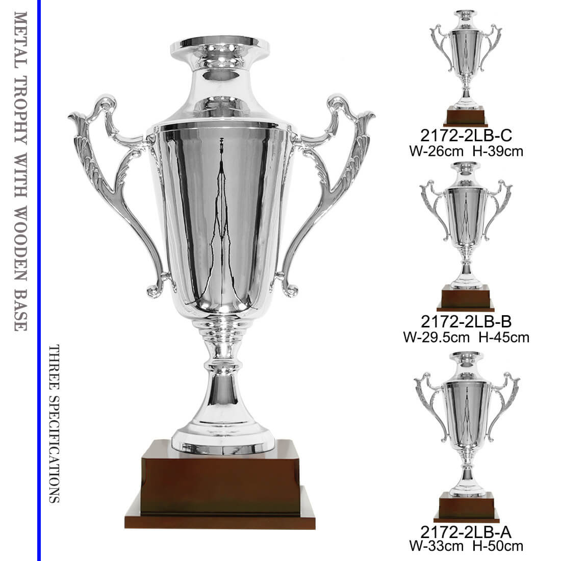 Custom Large Size Metal Trophy Plated Silver Trophy Wooden Base Award Trophy